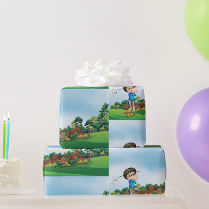 Schattige Cartoon Jongen Golft Pret Golf Liefhebbe Cadeaupapier