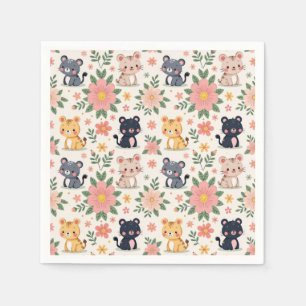 Schattige Cartoon Junglekatten en Bloemen Servet