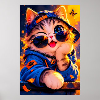 Schattige cartoon kat draagt een zonnebril poster