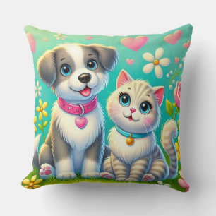 Schattige Cartoon Kat en Hond die Samen Zitten Kussen