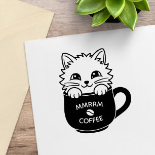 Schattige Cartoon Kat in Koffiekop Aangepaste Teks Rubberstempel