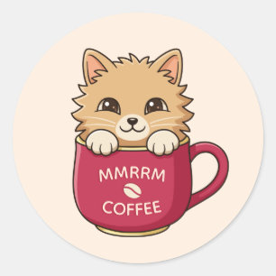 Schattige Cartoon Kat in Koffiekop Beige Aangepast Ronde Sticker