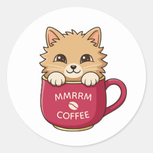 Schattige Cartoon Kat in Koffiekop met Aangepaste  Ronde Sticker