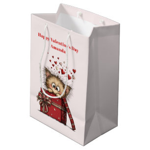 Schattige Cartoon Kitten met Hartjes Valentijnsdag Medium Cadeauzakje