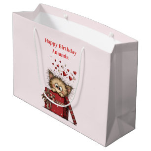 Schattige Cartoon Kitten met Hartjes Verjaardag Groot Cadeauzakje