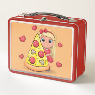 Schattige cartoon meisje met een groot stuk pizza.
