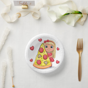 Schattige cartoon meisje met pizza papieren kommen