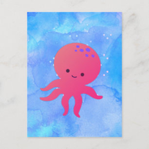 Schattige Cartoon Octopus In Blauwe Oceaan Aquarel Briefkaart