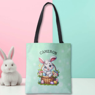 Schattige Cartoon Paashaas in een Mand Persoonlijk Draagtas