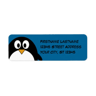 schattige cartoon pinguïn met blauwe achtergrond etiket