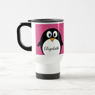 schattige cartoon pinguïn met roze achtergrond reisbeker