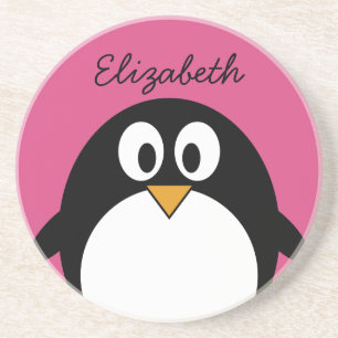 schattige cartoon pinguïn met roze achtergrond zandsteen onderzetter