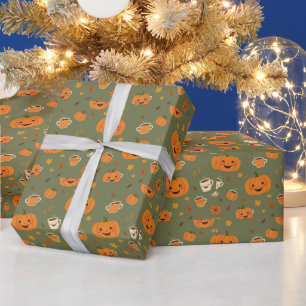 Schattige Cartoon Pompoen en Latte Fall Halloween Cadeaupapier