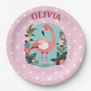Schattige Cartoon Roze Bloemige Flamingo met Stipp Papieren Bordje