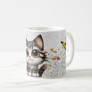 Schattige cartoon Tabby Cat, bloemen & vlinders Koffiemok