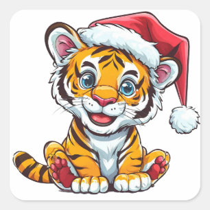 Schattige cartoon tijgerwelp met een kerstmuts vierkante sticker