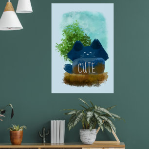 Schattige Cartoon Verborgen Fluffy Blauwe Kat Poster
