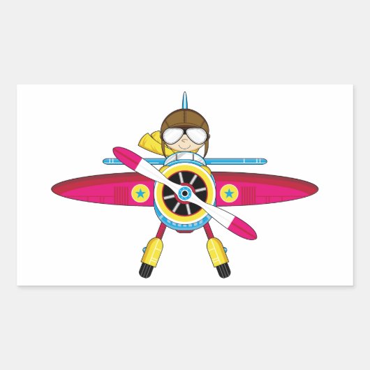 Schattige Cartoon Vliegtuig en Piloot Rechthoekige Sticker (Voorkant)