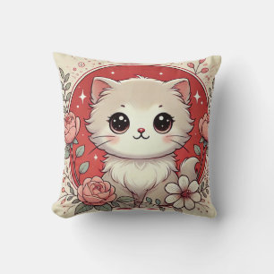 Schattige Cartoon Witte Kitten Omringd Door Rozen Kussen