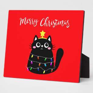 Schattige cartoon zwarte kat kerstboom fotoplaat
