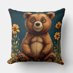 Schattige Cartoonbeer Zit Gelukkig Kussen