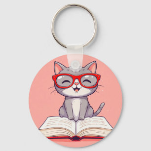 Schattige Cartoonkat Draagt Bril Sleutelhanger
