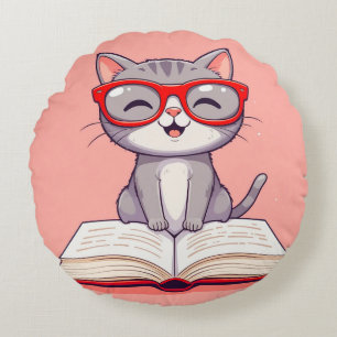 Schattige Cartoonkat met Bril Rond Kussen