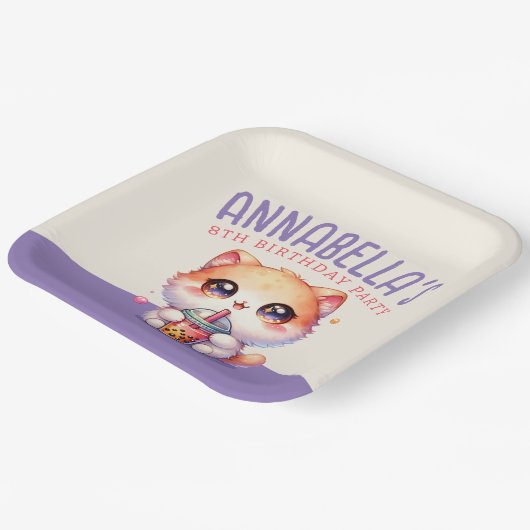 Schattige Cat Boba Verjaardagsfeest Papieren Bordje (Gebogen)