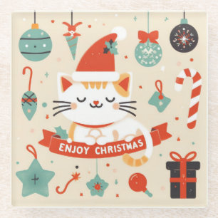 Schattige Cat Enjoy Christmas seizoen Glazen Onderzetter