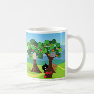 Schattige Cat Family's Bezoek aan de boomgaard Koffiemok