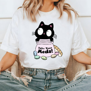 Schattige Cat Neem je Meds T-shirt, Funny Cat T-shirt