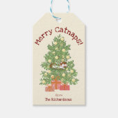 Schattige Cat on Christmas Tree Merry Catnaps! Crè Cadeaulabel (Voorkant)