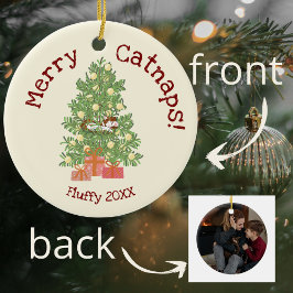 Schattige Cat on Christmas Tree Merry Catnaps! Keramisch Ornament