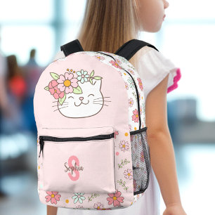 Schattige Cat Pink Floral Meisje Naam Monogram Kin Bedrukte Rugzak