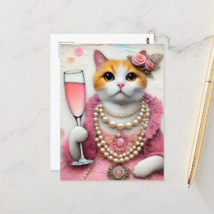 Schattige Cat Roze Jurk Met Parels Met Drink Briefkaart