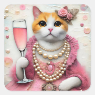 Schattige Cat Roze Jurk Met Parels Met Drink Vierkante Sticker