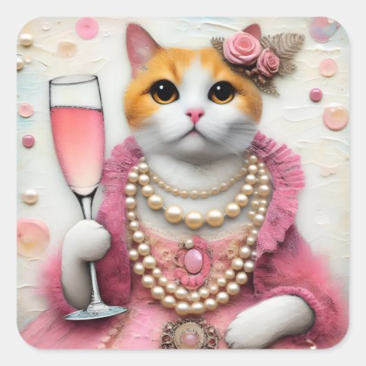 Schattige Cat Roze Jurk Met Parels Met Drink Vierkante Sticker (Voorkant)