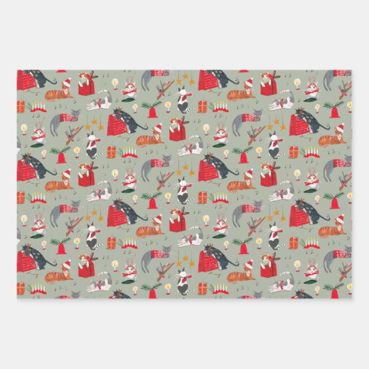 Schattige Cat Roze Rood Groen Retro Patroon Kerst Inpakpapier Vel (Voorkant)