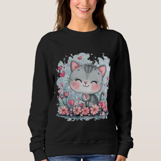 Schattige Cat Sweatshirt – Schattig Floral Kat (Voorkant)