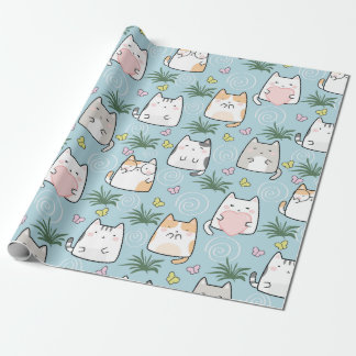 Schattige Cat Wrapping Paper - Cartoon Cats on Blu Cadeaupapier