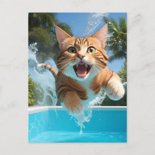 Schattige Cat Zwemmen Duiken in Zwembad Grappig Briefkaart