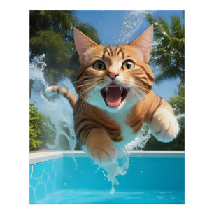 Schattige Cat Zwemmen Duiken in Zwembad Grappig Perfect Poster