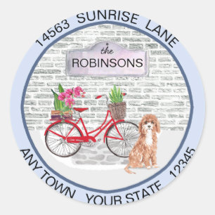 Schattige Cavapoo Dog Moving Bicycle Nieuw adres Ronde Sticker
