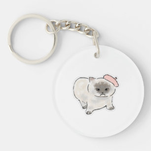Schattige Chagrijnige Kat met Roze Baret Handgetek Sleutelhanger