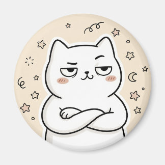 Schattige Chagrijnige Witte Kat Kawaii Ronde Magne Magneet
