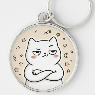 Schattige Chagrijnige Witte Kat Kawaii Ronde Sleut Sleutelhanger
