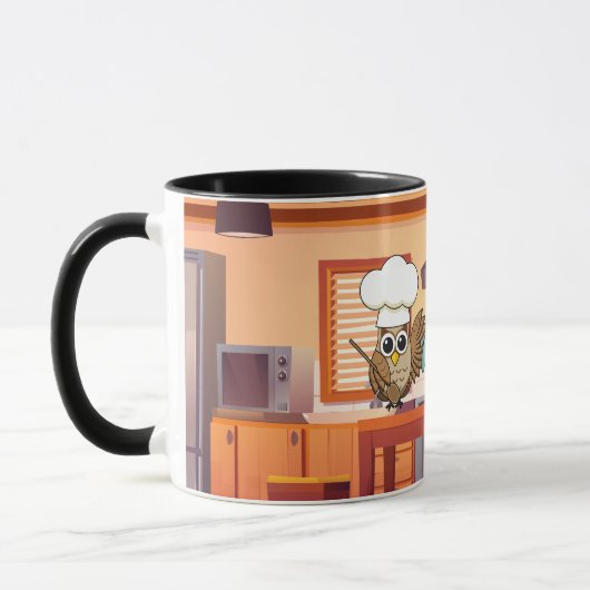 Schattige Chef Uil Koken in Keuken Mok (Links)