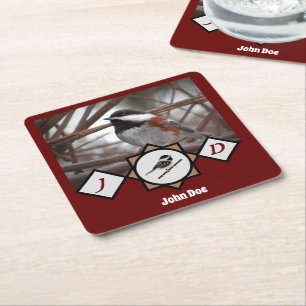 Schattige Chestnut Backed Chickadee Monogram Foto Vierkante Kartonnen Onderzetter