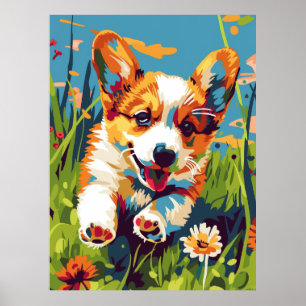 Schattige Chibi Corgi Puppy Hardlopen in Tuin Post Poster
