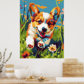 Schattige Chibi Corgi Puppy Hardlopen in Tuin Post Poster (Keuken)